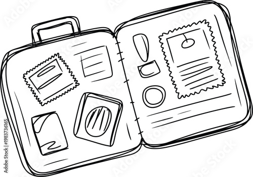 An open traveler suitcase showing organized travel documents and personal items inside a vintage storage bag
