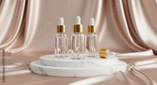 Clean beauty container mockup featuring glass serum dropper bottles resting on a premium marble podium over a soft silk fabric backdrop for elegant makeup advertising.