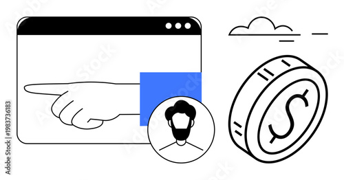 Online finance, digital transactions, entrepreneurship, financial management, user interaction, e-commerce. Hand pointing in a browser, user profile and a dollar coin illustration. Online finance