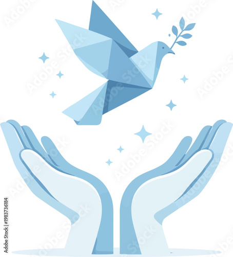 Origami peace dove flying from human hands, blue paper bird with olive branch, geometric harmony and hope concept