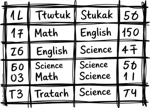 Handwritten grid chart showing academic subject names alongside numerical values for students to study school lessons