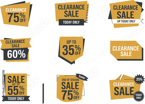 Set of yellow and black promotional stickers for clearance sales with various discount percentage price tags