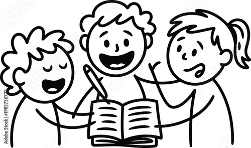 Happy students collaborate and study together while reading a book in an engaging classroom learning environment