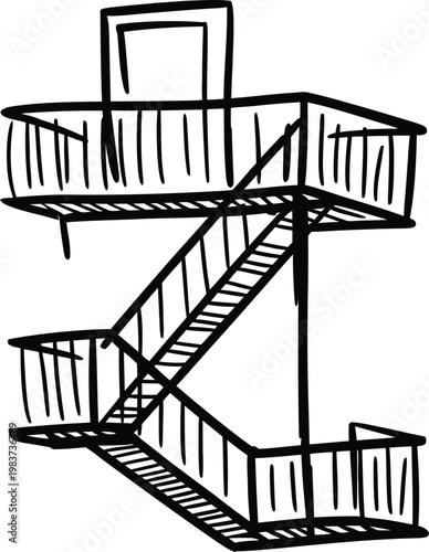 Simple black and white line drawing of an industrial outdoor emergency fire escape metal staircase