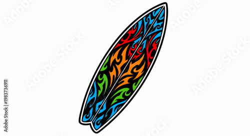 Colorful surfboard with a vibrant tribal flame design.