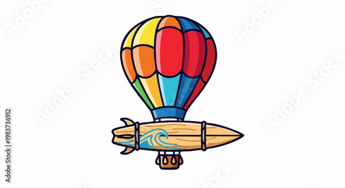Colorful hot air balloon with surfboard design for travel and adventure.