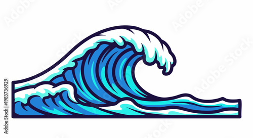 A stylized illustration of a powerful ocean wave breaking with white foam and blue water.