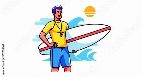 Lifeguard with Surfboard Ready for Ocean Rescue and Safety.