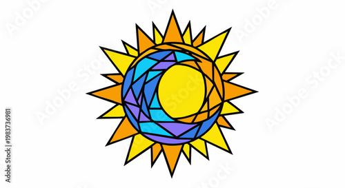 Stained glass sun and moon design representing day and night.