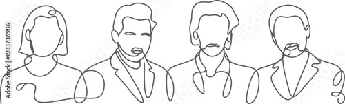 Group of professional people depicted with minimalist continuous line stroke in a simple portrait style