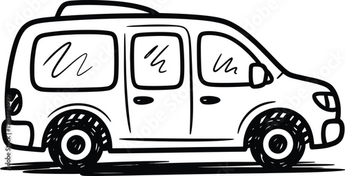 Simple line drawing of a small family minivan side view isolated on a plain surface