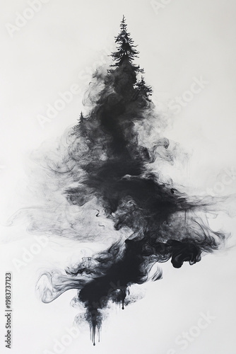 Abstract Pine Tree Silhouette: An abstract representation of a majestic pine tree, rendered in elegant black ink against a soft backdrop, creating a captivating visual of the forest