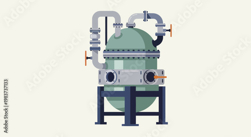 Industrial Chemical Reactor Vessel with Pipes and Valves.