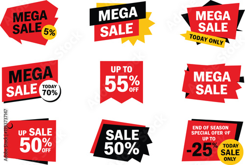 Collection of bold red and black promotional tags for retail store seasonal sales events marketing
