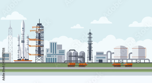 Industrial complex with rockets and storage tanks.