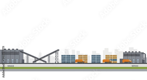 Industrial complex with warehouses and transport vehicles.