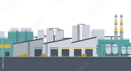 Industrial Factory Building Complex with Smokestacks and Storage Tanks.