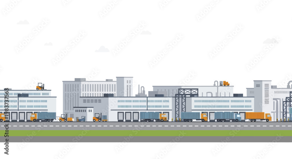 Obraz premium Industrial factory buildings with trucks and loading docks.