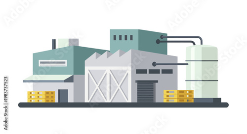 Industrial factory building with storage tanks and stacked barrels, flat illustration.