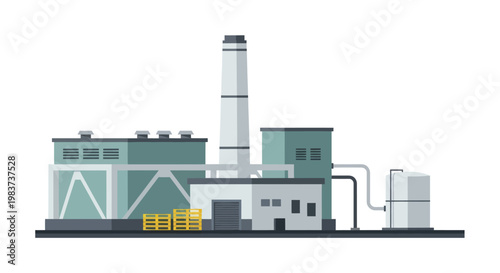 Industrial Factory Building with Tall Chimney and Storage Tanks.