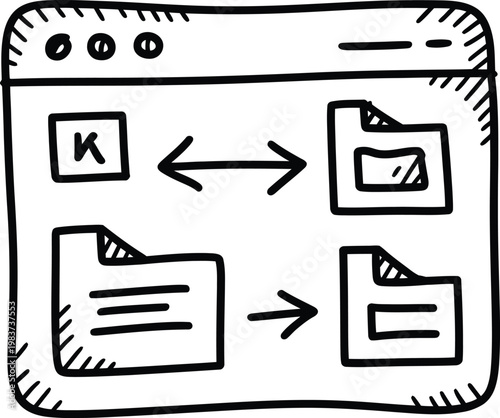 Browser window sketch showing data synchronization between folders and files for efficient network management and organization
