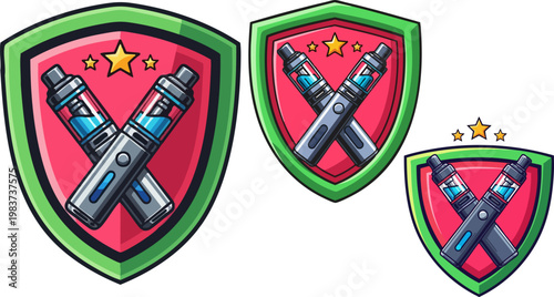 Vape shop logo with crossed electronic cigarettes on shield, modern vaping community emblem, e-cigarette vector icons for smoke shop branding