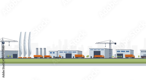 Industrial factory complex with cranes and trucks.