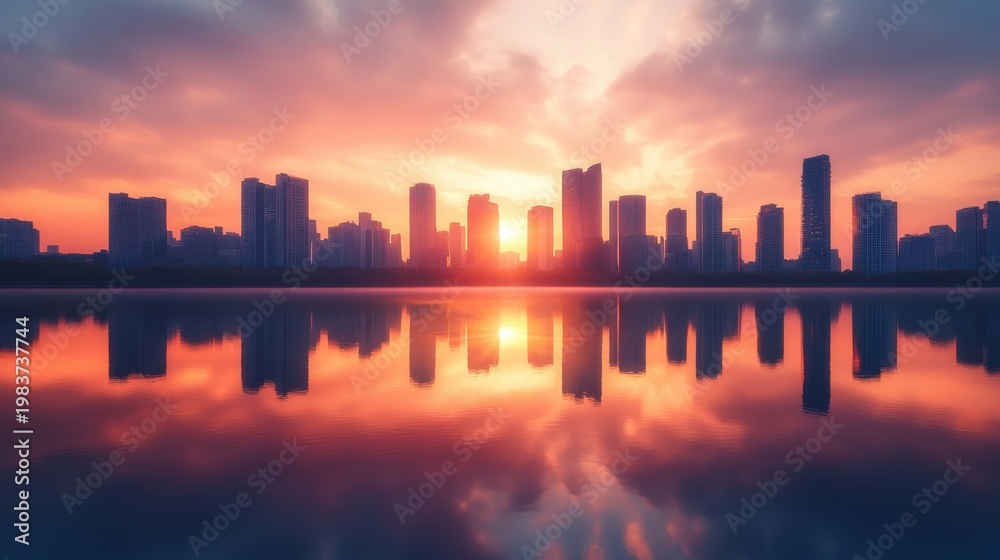 Fototapeta premium City Skyline Reflected in Calm Water at Sunrise
