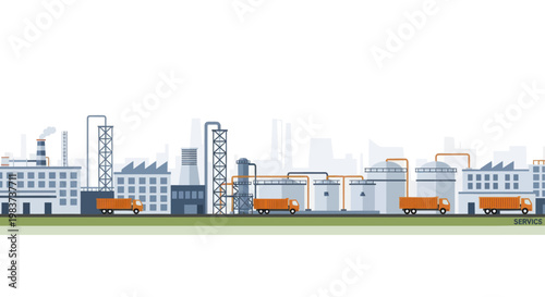 Industrial Factory Complex with Trucks and Buildings.