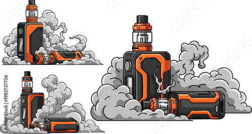Modern electronic cigarette vape mod vector set, orange and black vaping device with thick smoke clouds, 3 vaping equipment illustrations