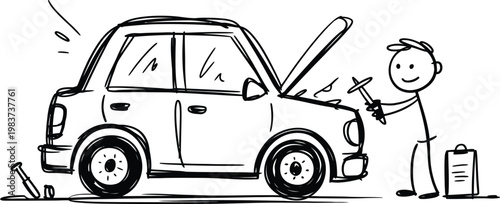 A cartoon mechanic holding a tool while inspecting the engine of a broken down vehicle