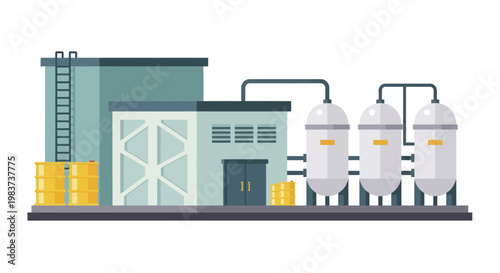 Industrial Factory with Storage Tanks and Barrels.