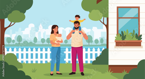 Happy young family with children in backyard, parents and kids standing in garden of suburban house, flat vector illustration of family life