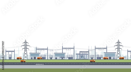 Industrial Landscape with Power Lines and Substations.