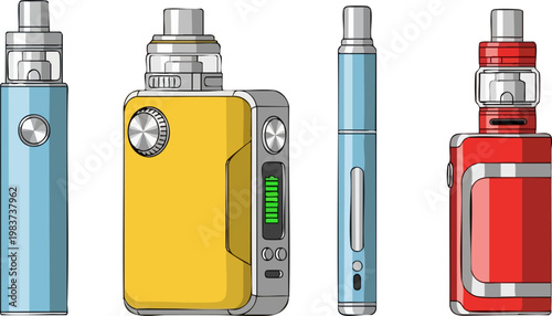 Electronic cigarette collection with vape mods and pens, set of 4 colorful vaping devices, modern e-cigarette vector illustrations for retail
