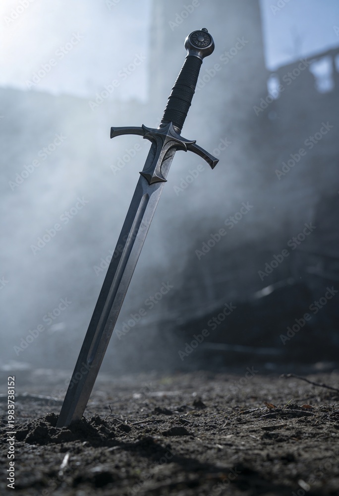 Naklejka premium Medieval sword stuck in ground. Knight steel weapon on battlefield background. Historical concept of war, bravery and conquest. Epic ancient warrior accessory for fantasy cinematic style.