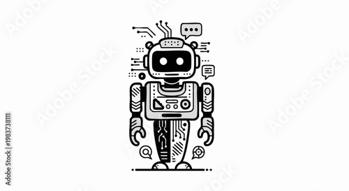 Stylized Robot Illustration with Circuitry and Chat Bubbles.