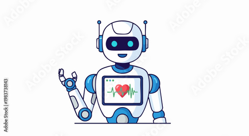 A healthcare robot showing a heart rate monitor on its screen.