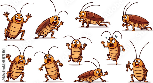 Cartoon cockroach character set with 10 poses, funny brown roach mascot collection, pest control mascot illustrations in various emotions