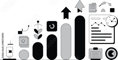 Business progress indicators with data charts and growth bar graphs for financial analysis and corporate planning