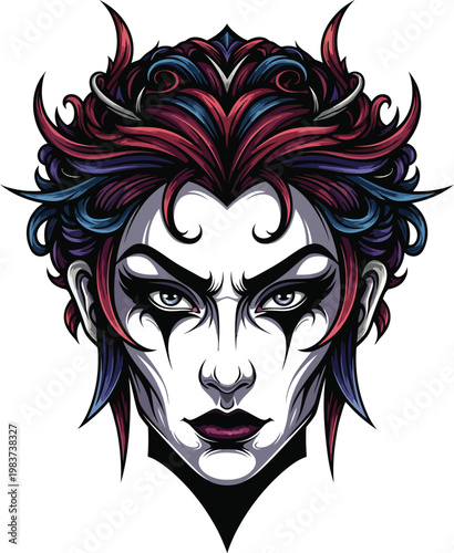Intense Gothic Clown Face with Spiky Hair and Dark Makeup.