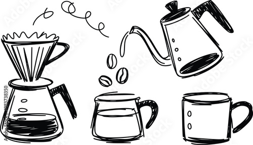 Hand drawn sketch illustration of pour over coffee brewing equipment and fresh roasted coffee beans