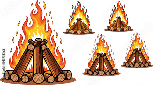 Campfire vector set with burning logs and orange flames, collection of 5 bonfire illustrations, outdoor camping fire graphics on white background