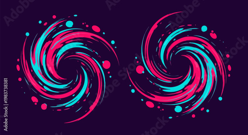 Abstract neon swirl vector set, vibrant pink and cyan spiral energy motion, cosmic vortex galaxy shapes on dark background, dynamic liquid splash elements