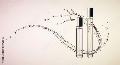 Elegant cosmetic mockup featuring elegant glass perfume bottles standing next to gentle clean water splashes isolated on a clean pastel background ideal for skincare packaging design.