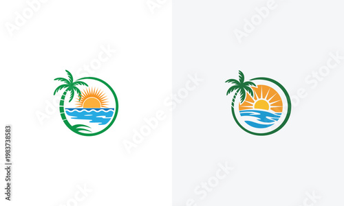 Tropical vacation logo with palm tree and sunset over ocean in circular green frame vector icons vector 