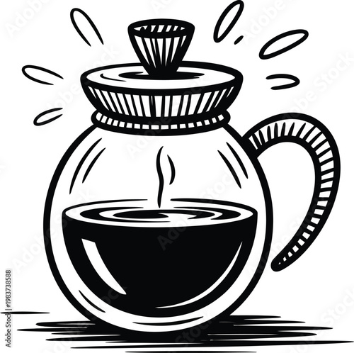 Glass coffee pot with a hot drink and rising steam illustrated in a simple line style