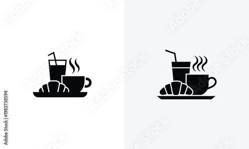 Vector icons of breakfast drinks and pastries on trays for cafe or restaurant branding vector 