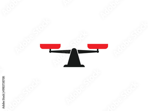 Vector illustration of a balance scale with two red plates on a black base symbolizing equality and justice in a simple modern design