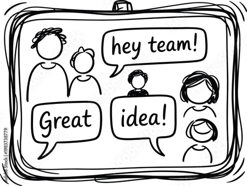 Office colleagues brainstorming during a meeting sharing creative thoughts and positive feedback in speech bubbles